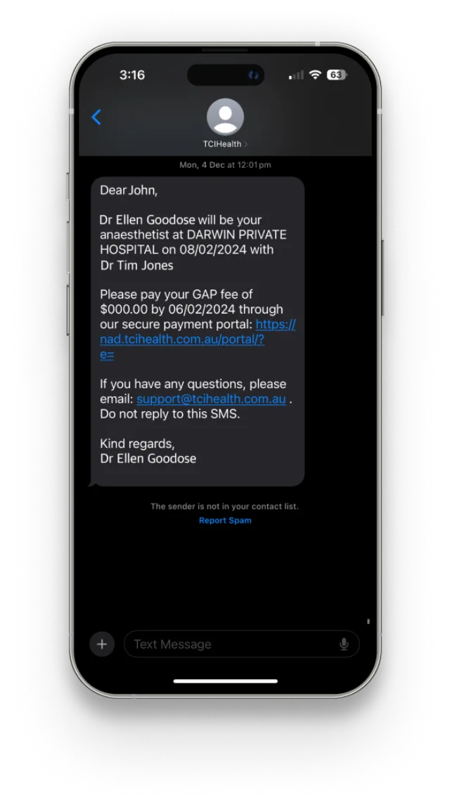 Anaemate patient communication shown as an SMS on a mobile handset.