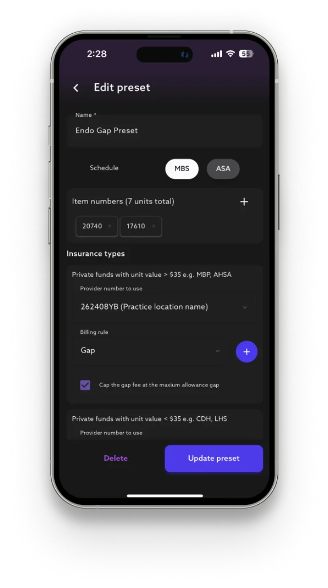 Anaemate billing presets screen showing configurable billing rules.